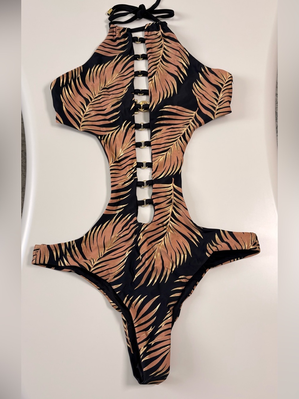BEACH BUNNY Black & Gold Leaf Cutout One-Piece Swimsuit
